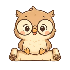 Búho kawaii mascota de Mipapiro sentado sobre un papiro